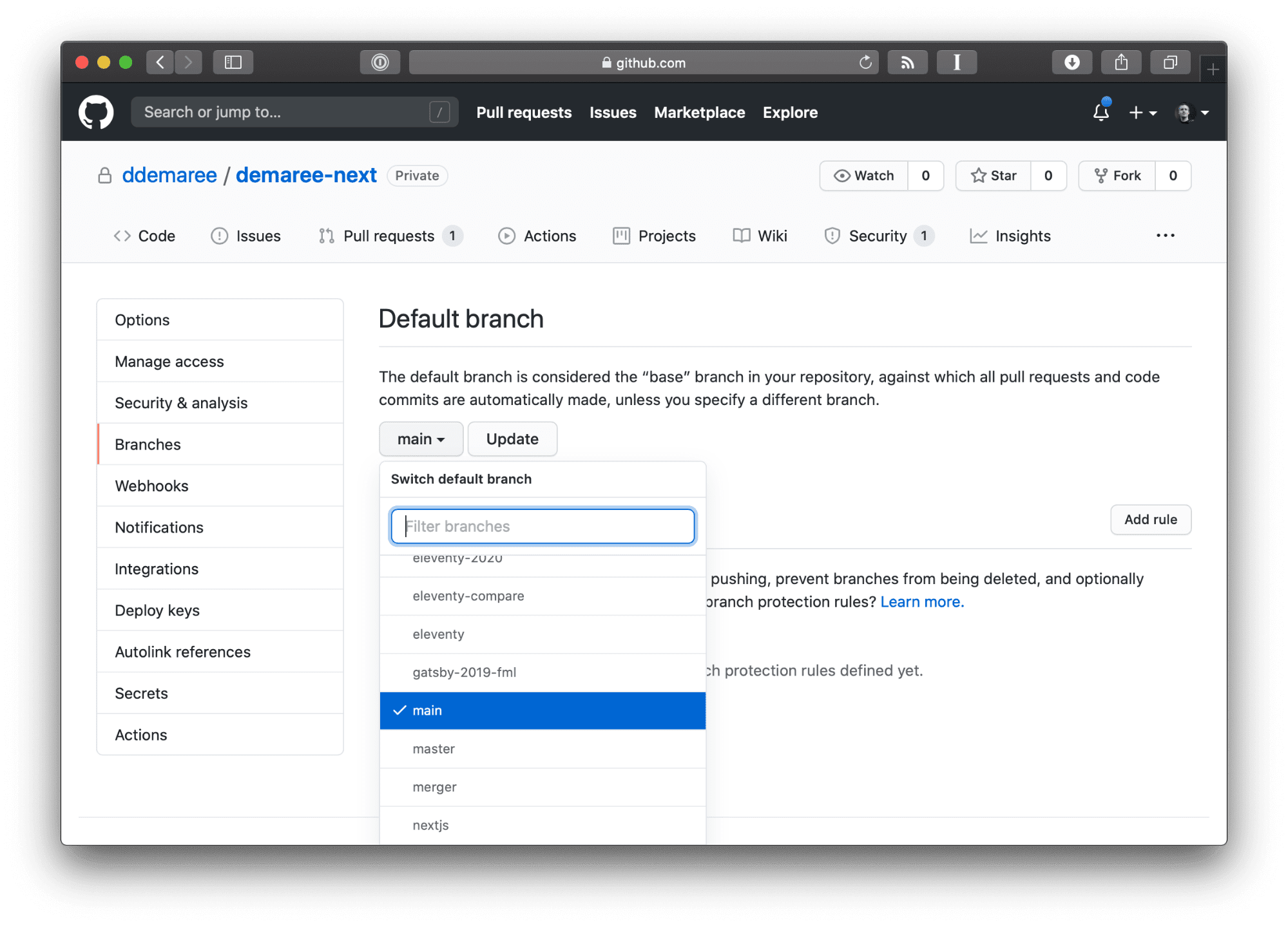 GitHub repo settings page, showing default branch option