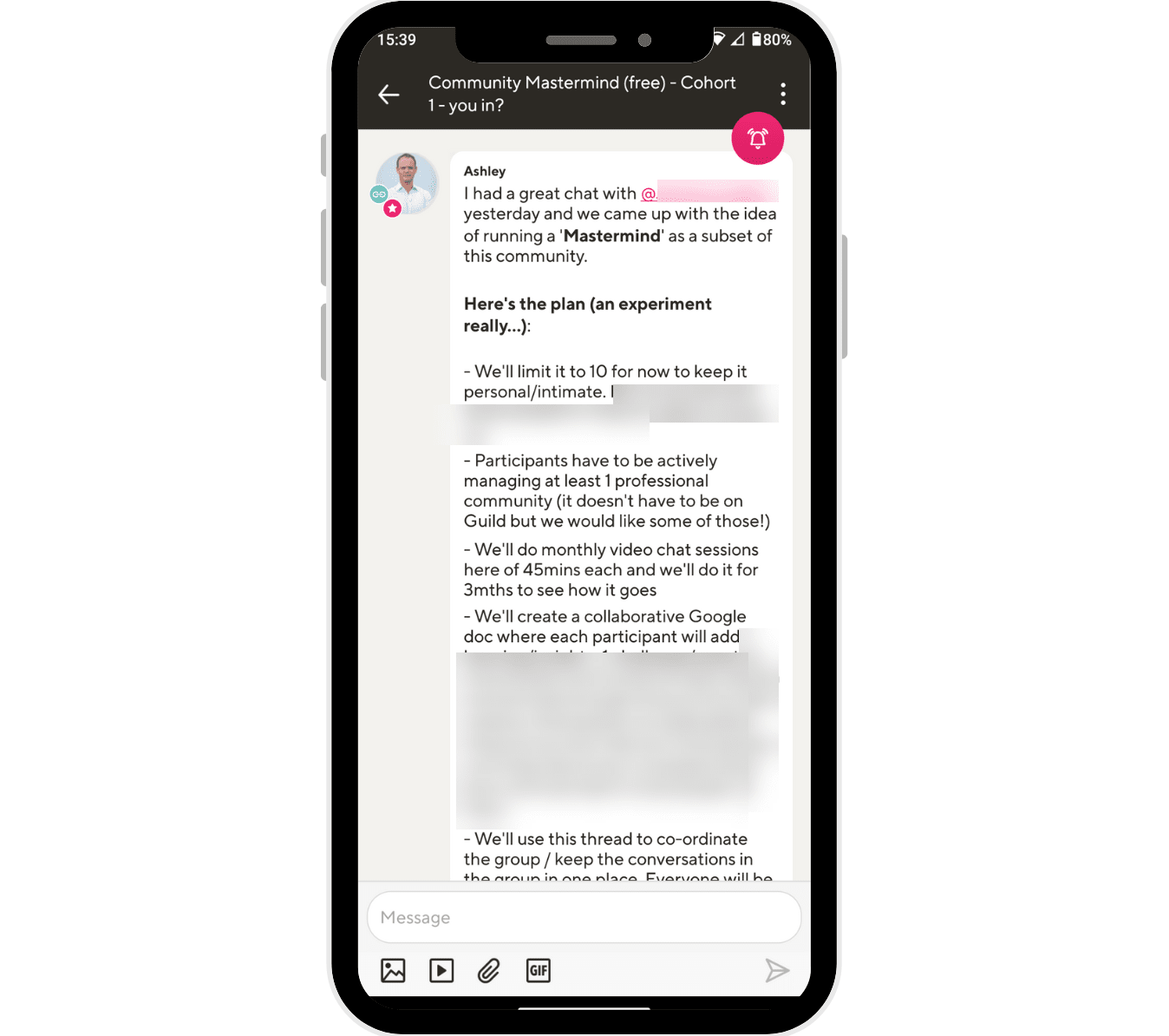 A mobile phone screen showing the Guild platform with a conversation on "Community Mastermind"
