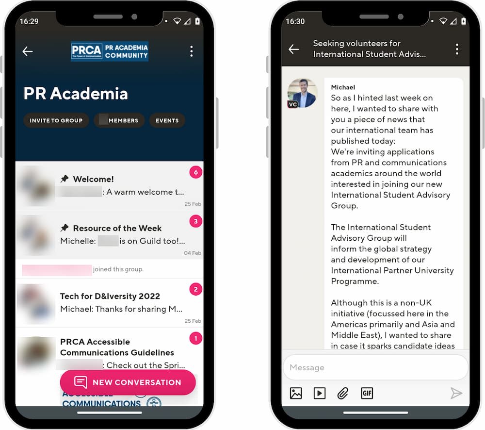 Two mobile phone screens showing the PRCA's PR Academia community on Guild, with a sample conversation