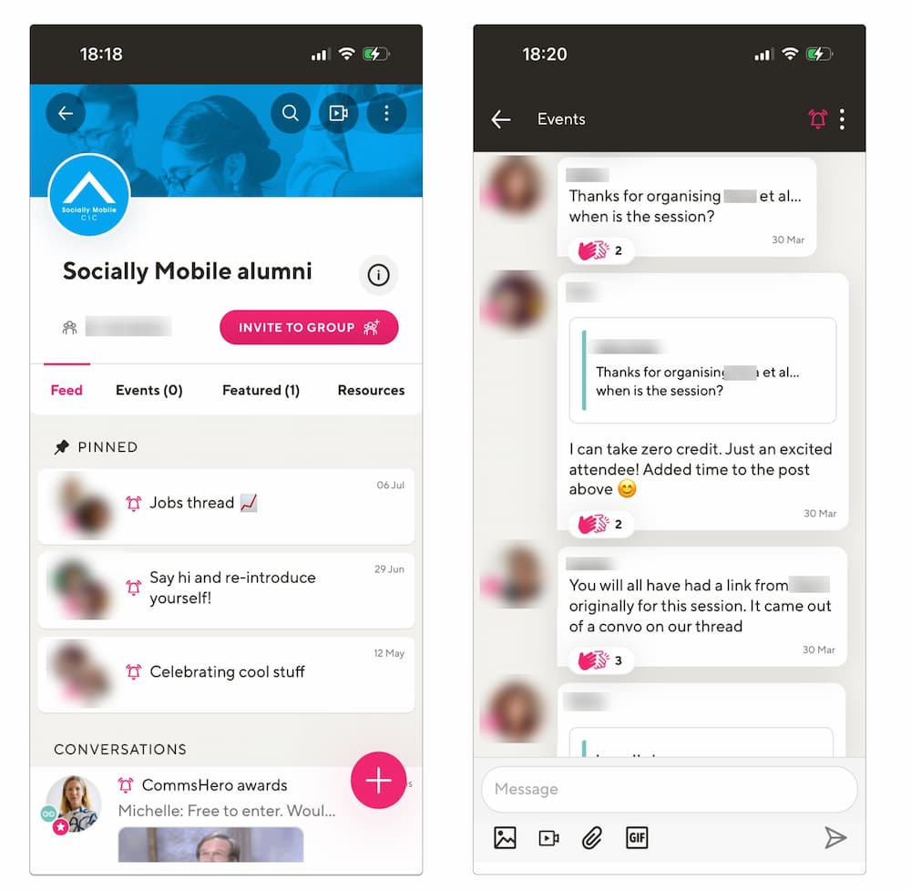 Screenshots showing the Socially Mobile alumni community on Guild