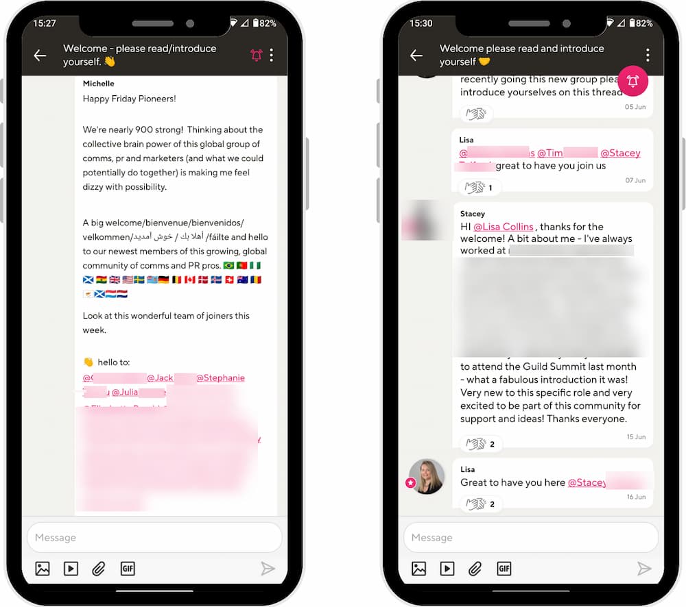 Two mobile phone screens showing conversations on Guild with welcomes to new members