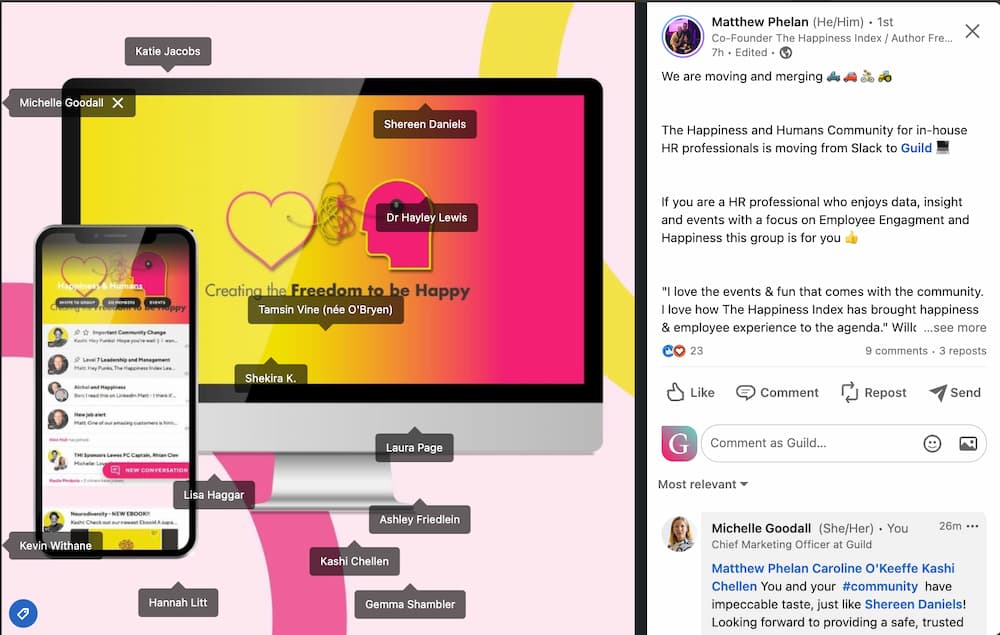 A LinkedIn post by The Happiness Index founder Matthew Phelan explaining why they were moving from Slack to Guild and the advantages of joining their HR community