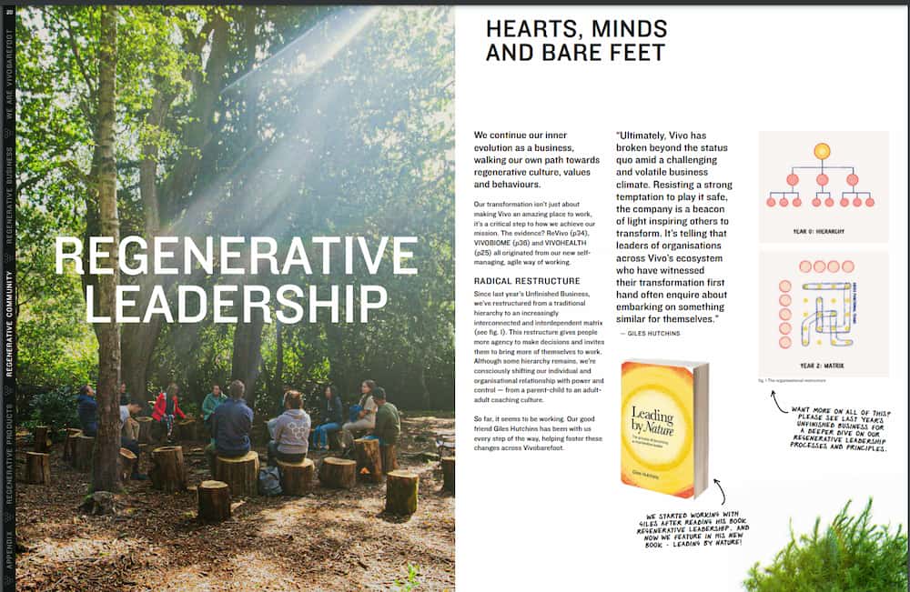 A screenshot from the Vivobarefoot report showing the book Leading by Nature, business organisation charts and a group of people sitting in a circle in a woodland setting