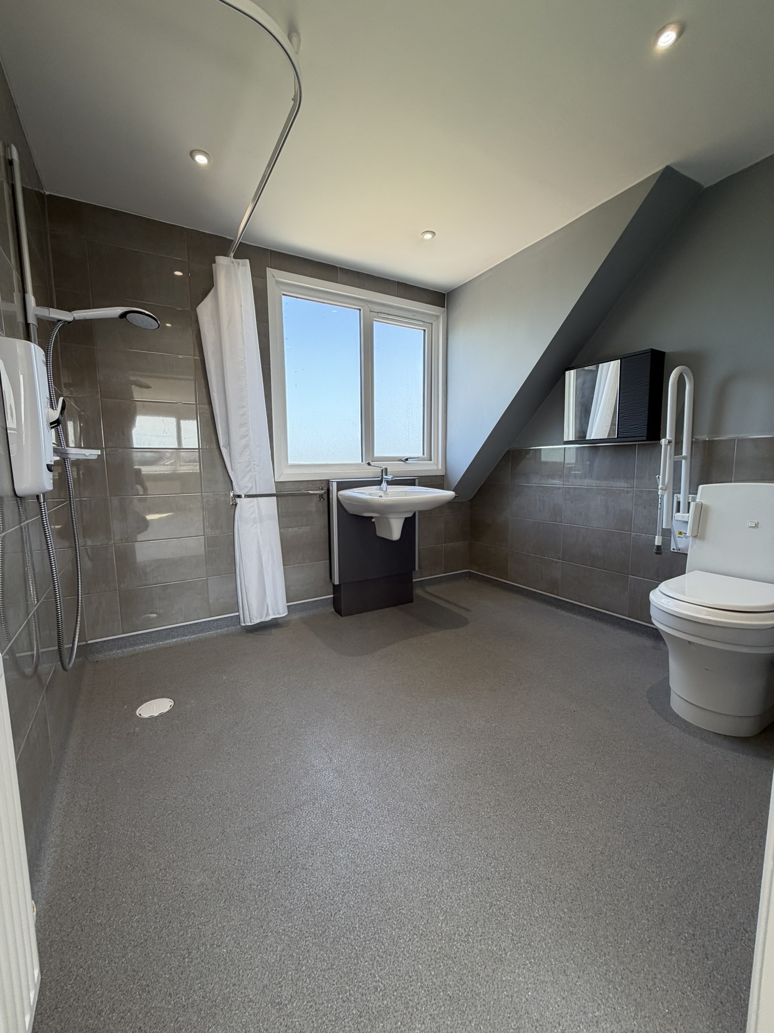 Wet room with height adjustable wall mounted basis and shower