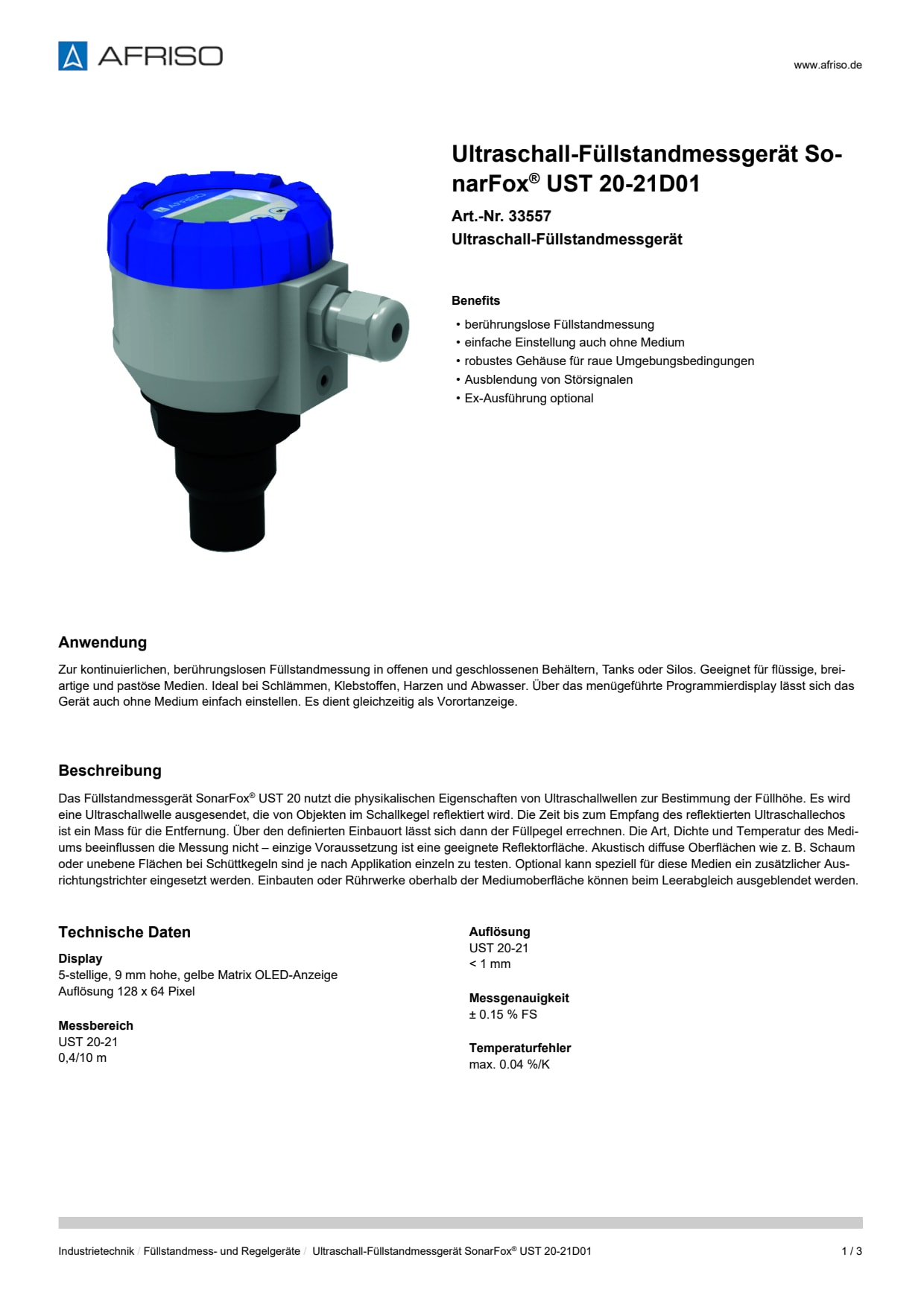 AFRISO_ULTRASCHALL-FUELLSTANDMESSGERAET-SONARFOX--UST-20-21D01-ULTRASCHALL-FUELLSTANDME_33557_DEU_CHE.PDF
