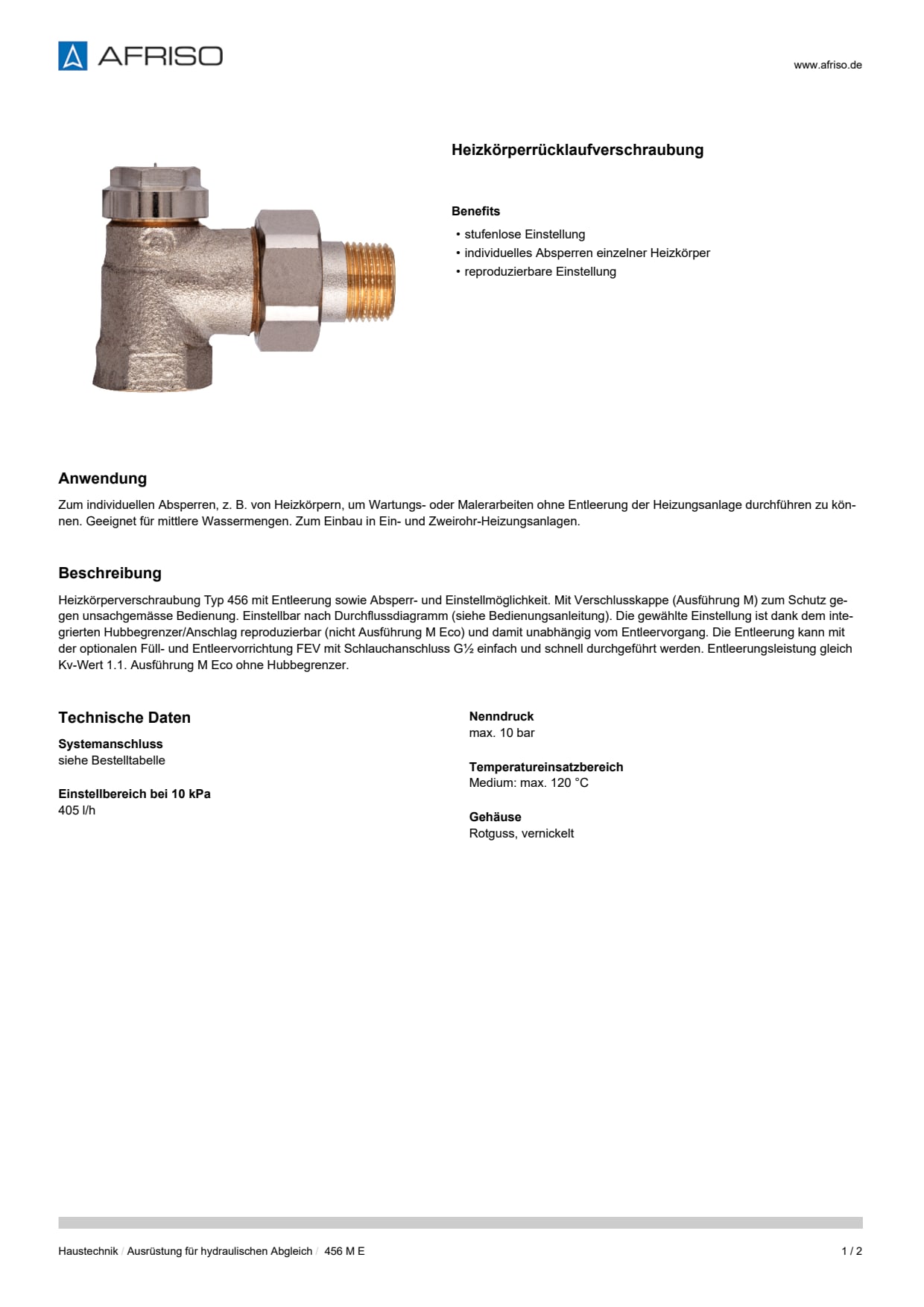AFRISO_DATENBLATT_HEIZKOERPERRUECKLAUFVERSCHRAUBUNG_456-M-E_P9204_DEU_CHE.PDF