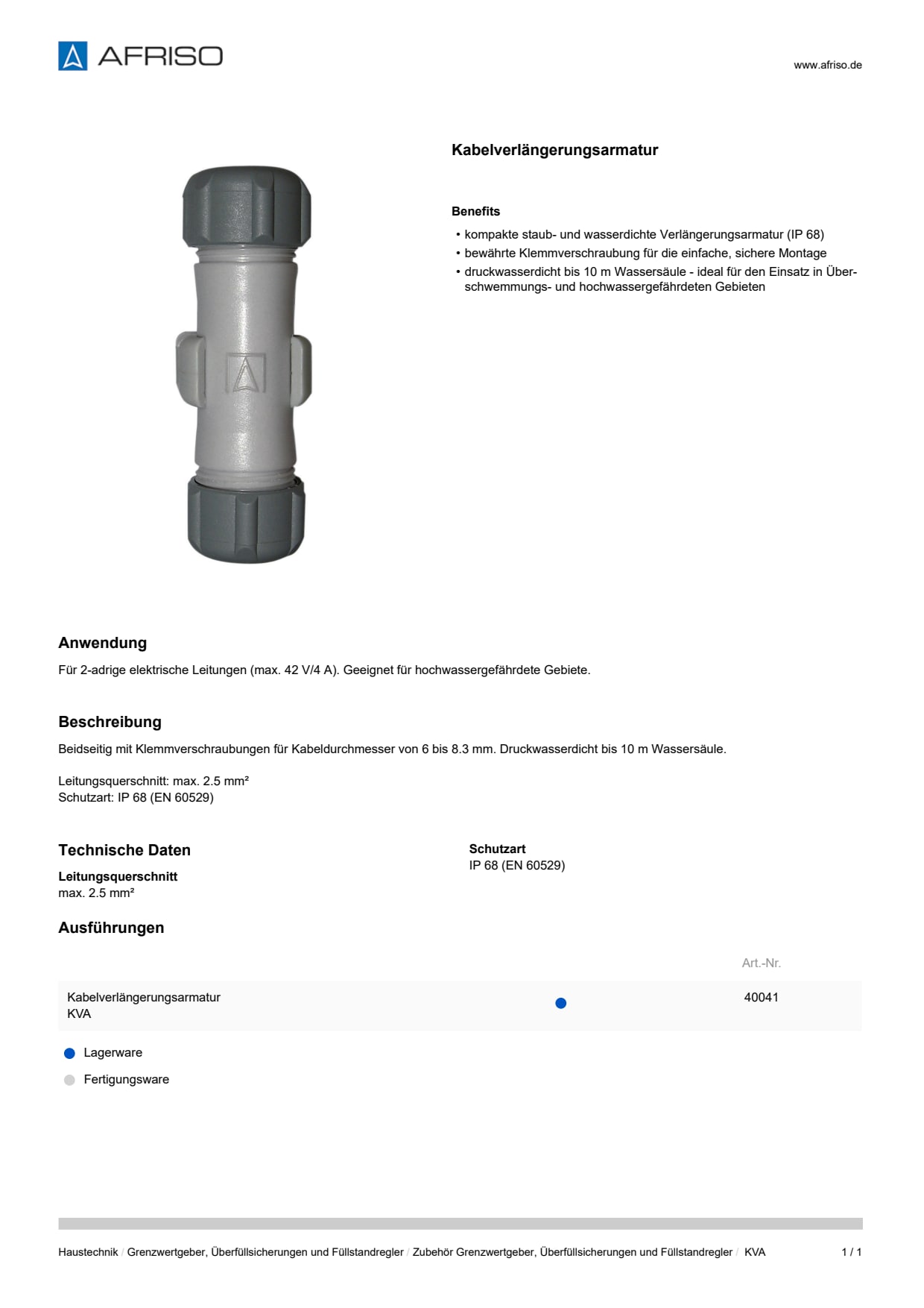 AFRISO_DATENBLATT_KABELVERLAENGERUNGSARMATUR_KVA_P31187_DEU_CHE.PDF