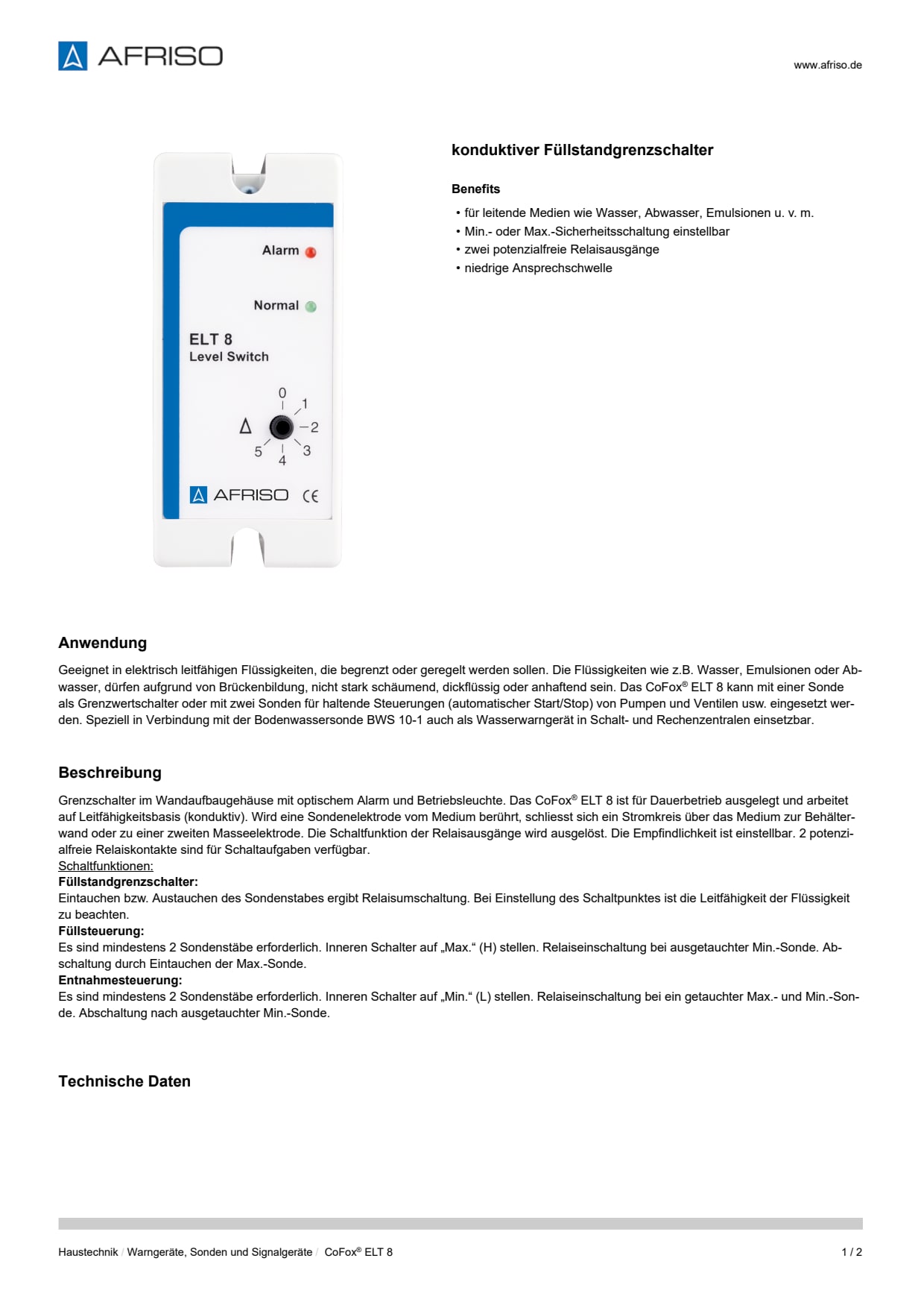AFRISO_DATENBLATT_KONDUKTIVER-FUELLSTANDGRENZSCHALTER_COFOX-ELT-8_P31097_DEU_CHE.PDF