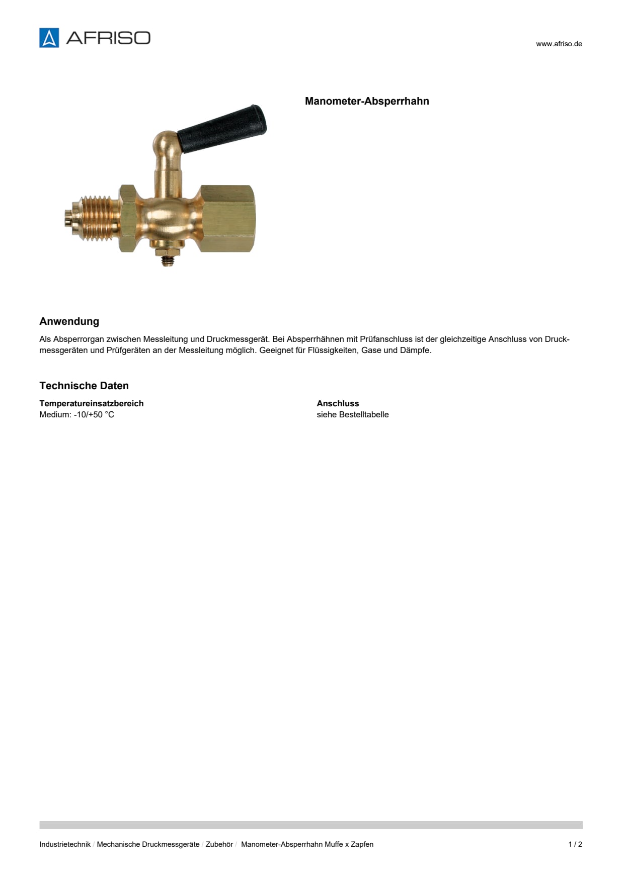 AFRISO_DATENBLATT_MANOMETER-ABSPERRHAHN_MANOMETER-ABSPERRHAHN-MUFFE-X-ZAPFEN_P27263_DEU_CHE.PDF