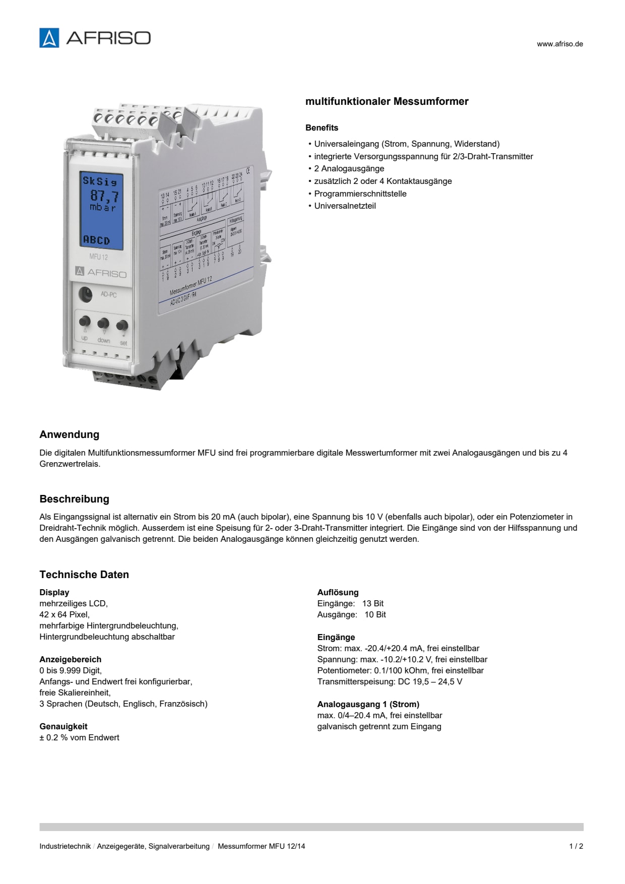 AFRISO_DATENBLATT_MULTIFUNKTIONALER-MESSUMFORMER_MESSUMFORMER-MFU-12-14_P31944_DEU_CHE.PDF