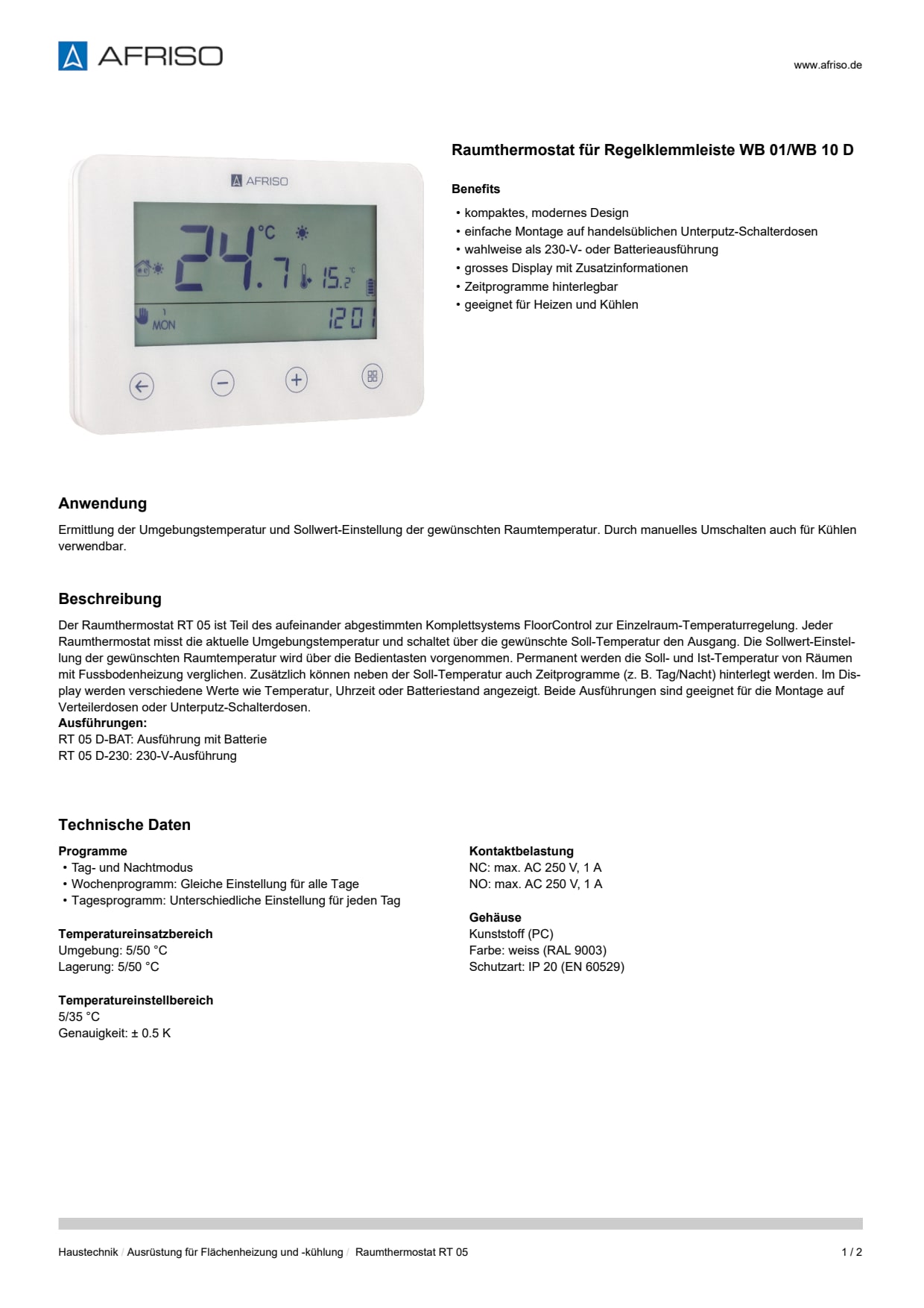 AFRISO_DATENBLATT_RAUMTHERMOSTAT-FUER-REGELKLEMMLEISTE-WB-01-WB-10-D_RAUMTHERMOSTAT-RT-05_P60132_DEU_CHE.PDF