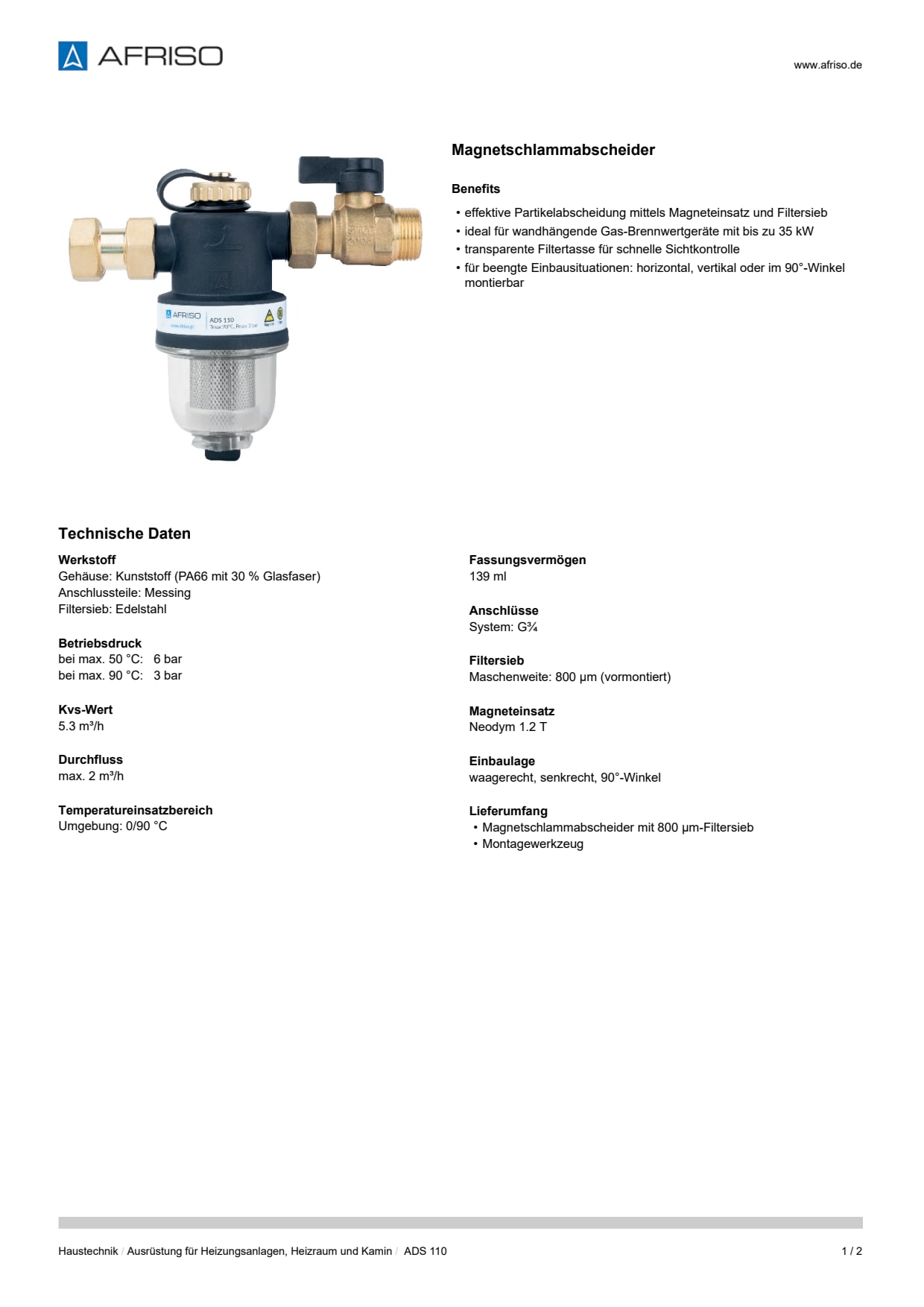 AFRISO_DATENBLATT_MAGNETSCHLAMMABSCHEIDER_ADS-110_P79205_DEU_CHE.PDF