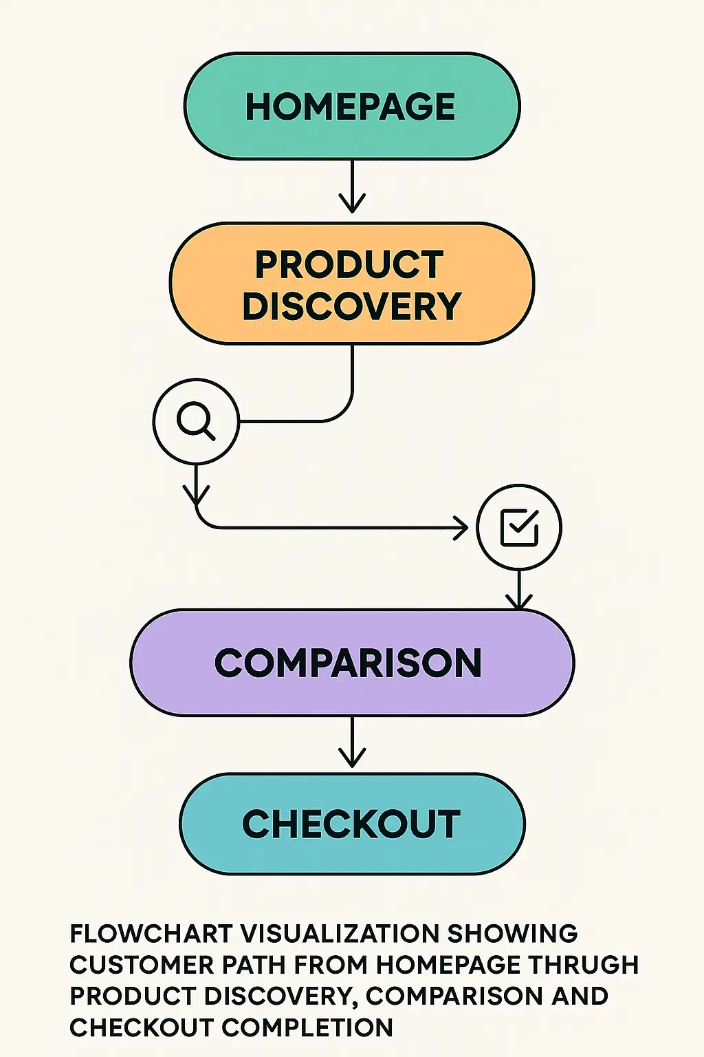 Flowchart visualization showing customer path from homepage through product discovery, comparison, and checkout completion.