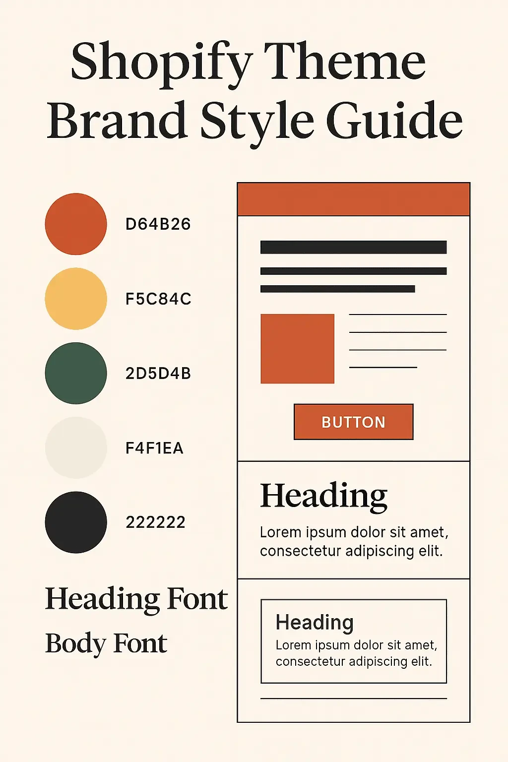 Shopify theme brand style guide with colors, fonts, and design elements