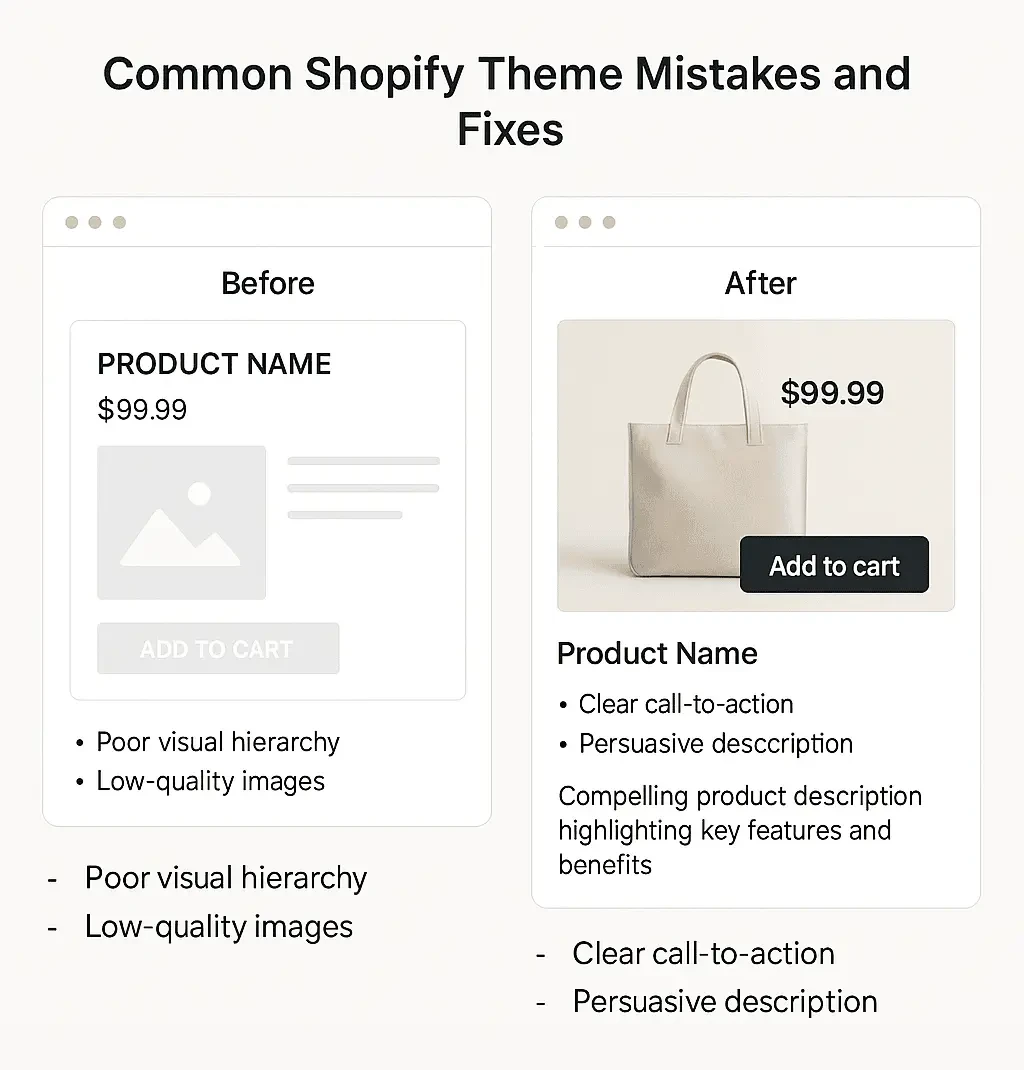 Common Shopify theme mistakes and fixes showing conversion rate improvements