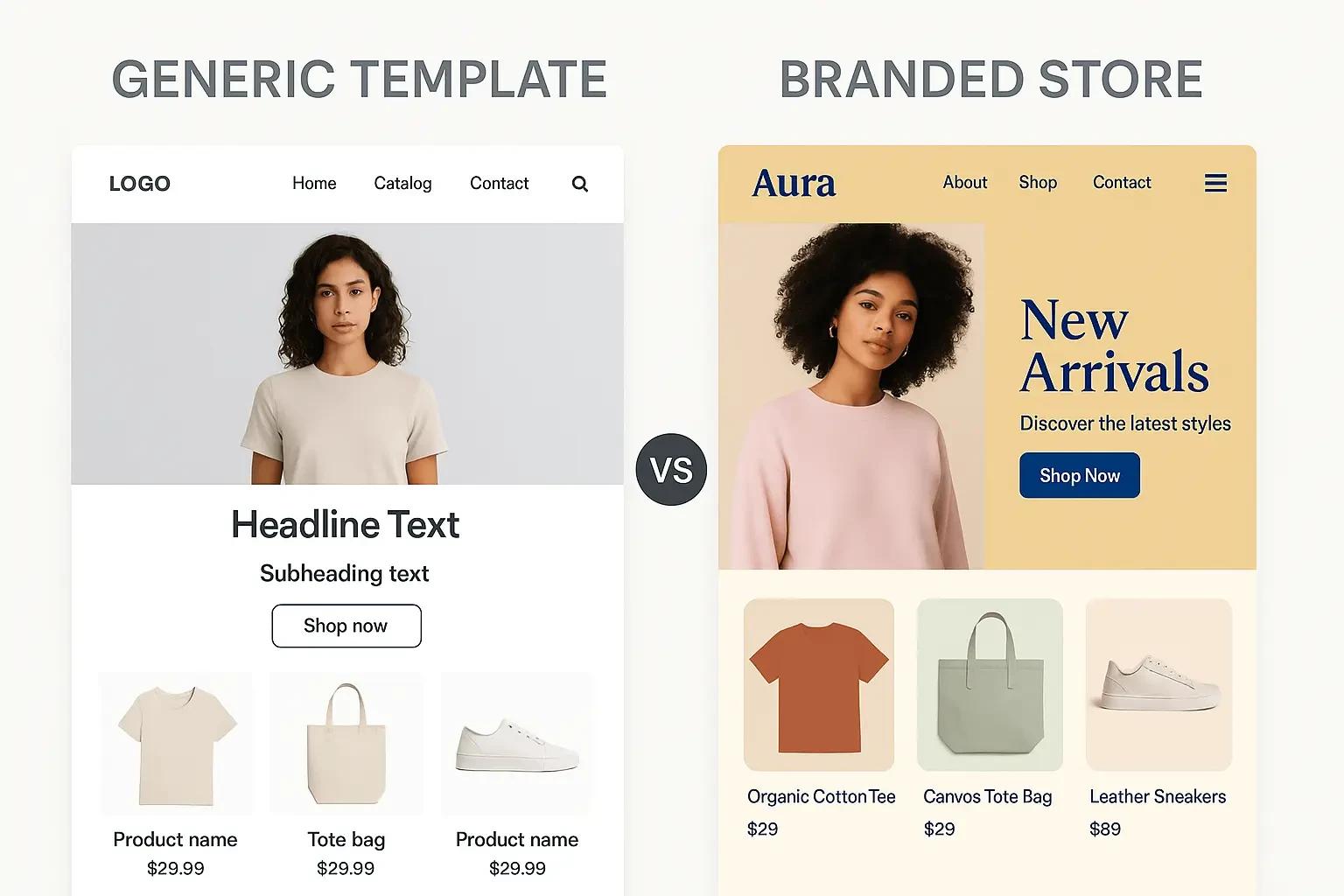 Generic Shopify template versus customized branded theme comparison