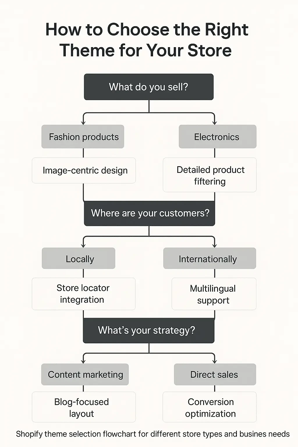 Shopify theme selection flowchart for different store types and business needs