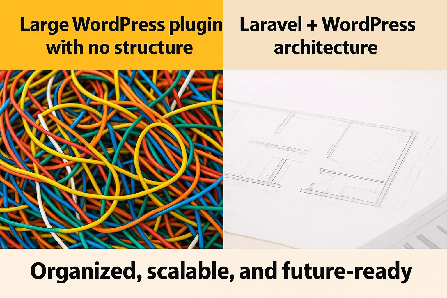 Split meme with tangled wires vs. a neat architecture blueprint, labeled Laravel + WordPress architecture