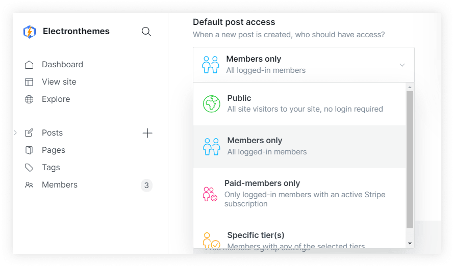 Select Default post access in ghost cms