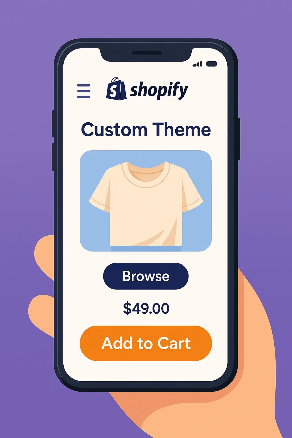 Smartphone displaying custom Shopify theme with optimized mobile navigation and product layout