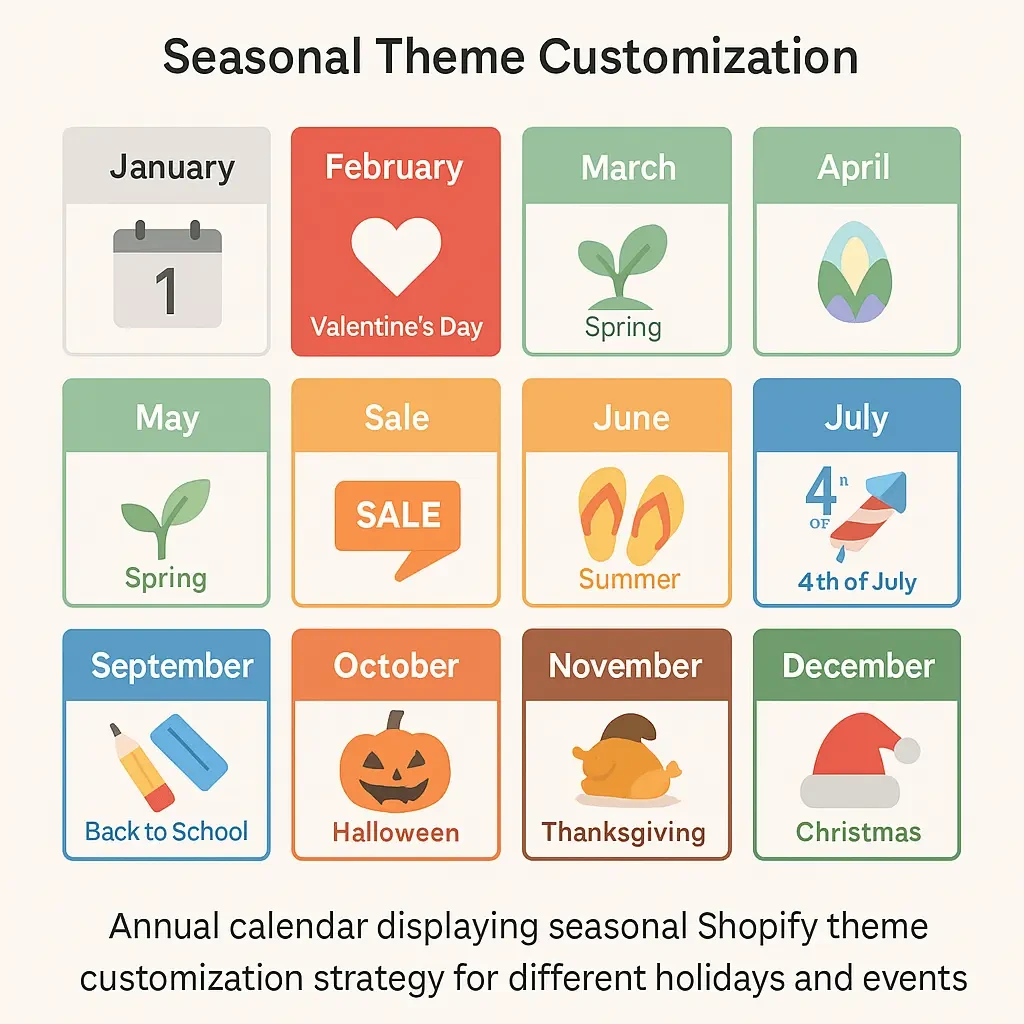 Annual calendar displaying seasonal Shopify theme customization strategy for different holidays and events