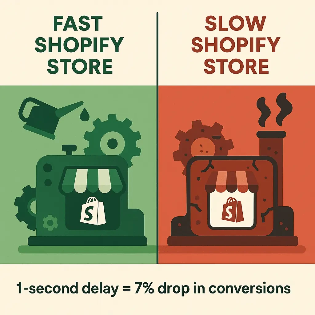Infographic showing a well-oiled green machine for a fast Shopify store on one side and a rusty, broken machine for a slow store on the other, with statistic showing 1-second delay equals 7% fewer conversions.