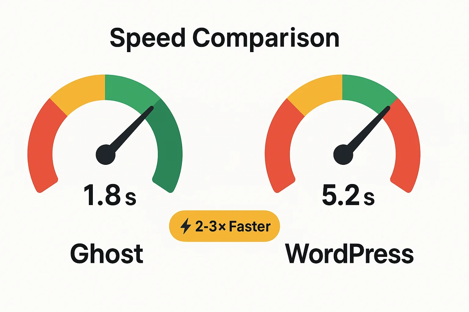 Speed comparison showing Ghost CMS loading 2-3x faster than WordPress with 1.8 seconds vs 5.2 seconds load times for modern publishing platforms