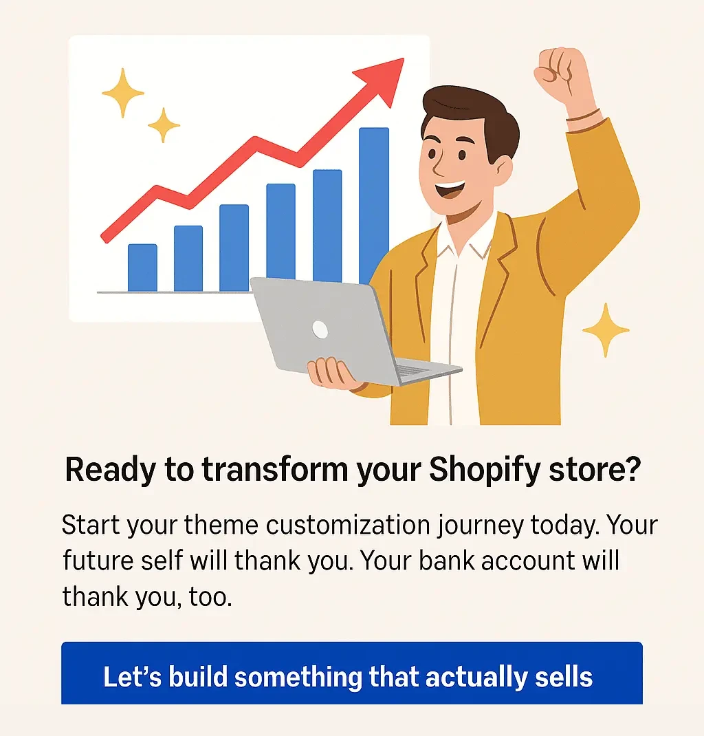 Celebration image with rising sales charts representing successful Shopify theme customization results