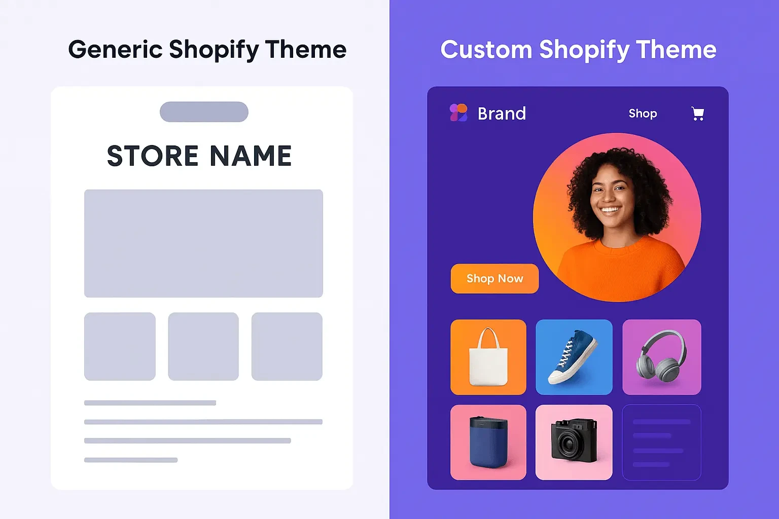 Generic Shopify theme on left shows basic layout, custom theme on right displays unique branding and layout