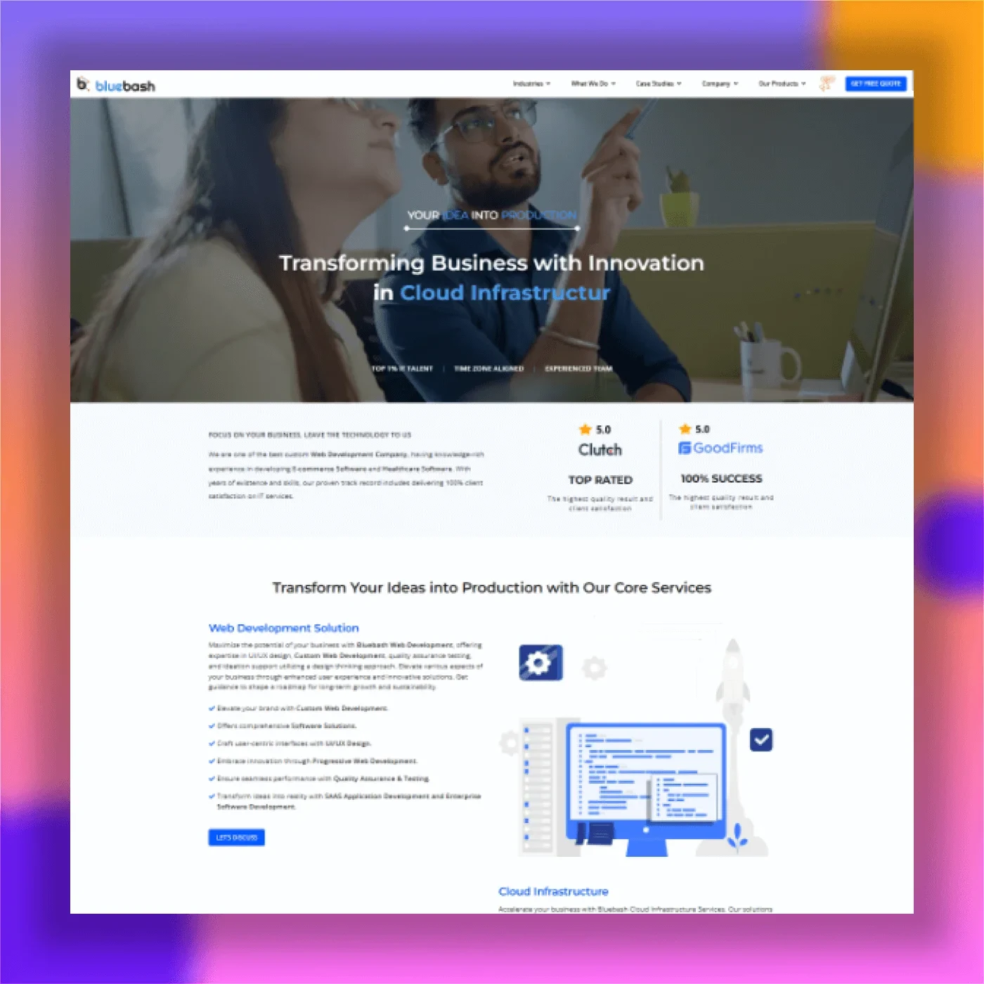 Bluebash website focusing on transforming business with cloud infrastructure and web development solutions, showing their Clutch and GoodFirms ratings.