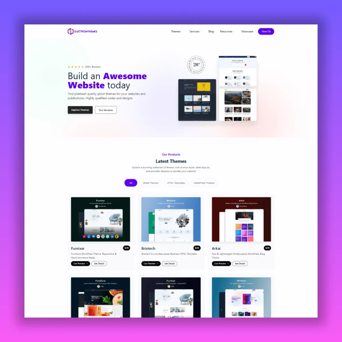 ElectronThemes homepage showcasing premium Ghost themes and WordPress development services in Bangladesh