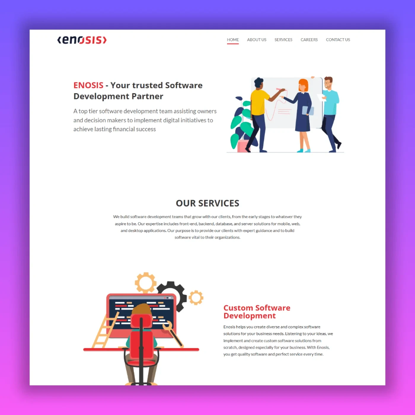 Enosis Solutions homepage showing custom software development services for healthcare and financial technology Bangladesh