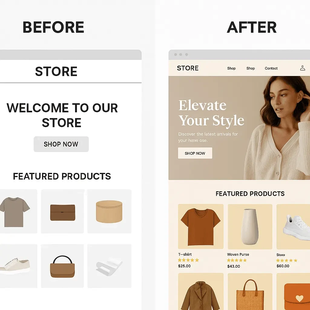 Before and after comparison of Shopify store customization showing improved layout and conversion elements