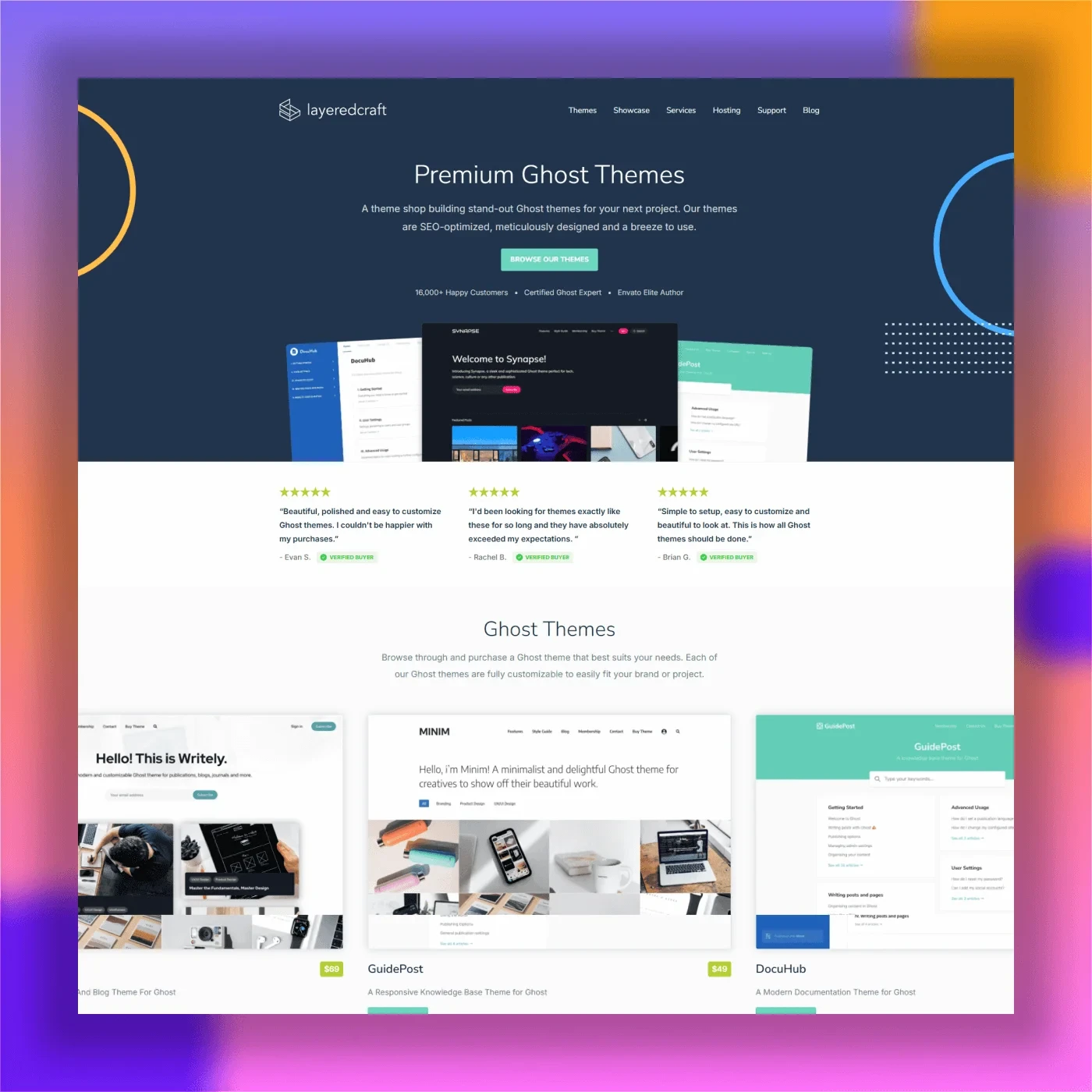 LayeredCraft's site showcasing premium Ghost themes, including Minim, GuidePost, and Docuhub, with customer reviews and expert badges.