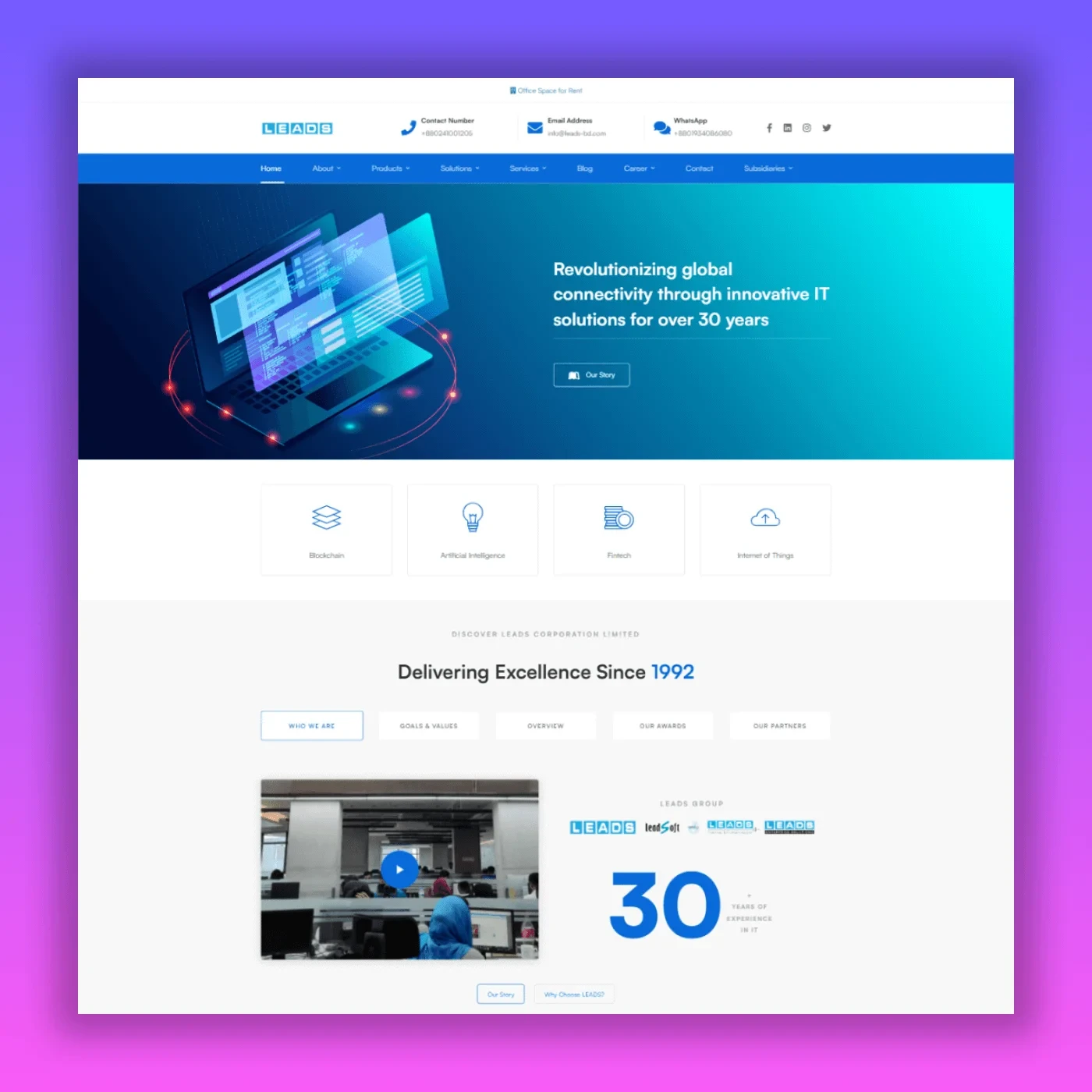 Leads Corporation Limited Bangladesh homepage featuring web development and IT solutions with 30 years industry experience