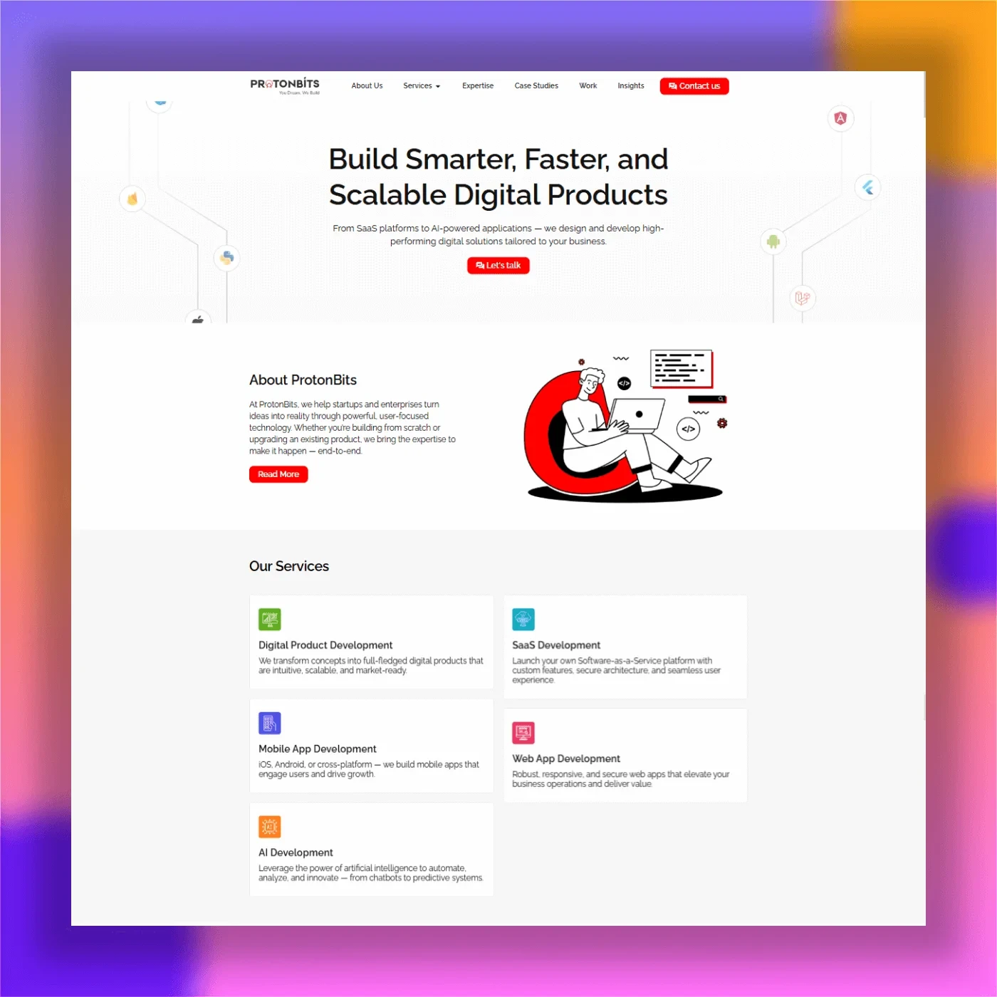 ProtonBits company website showcasing their services for building smarter, faster, and scalable digital products, including SaaS and Mobile App Development.