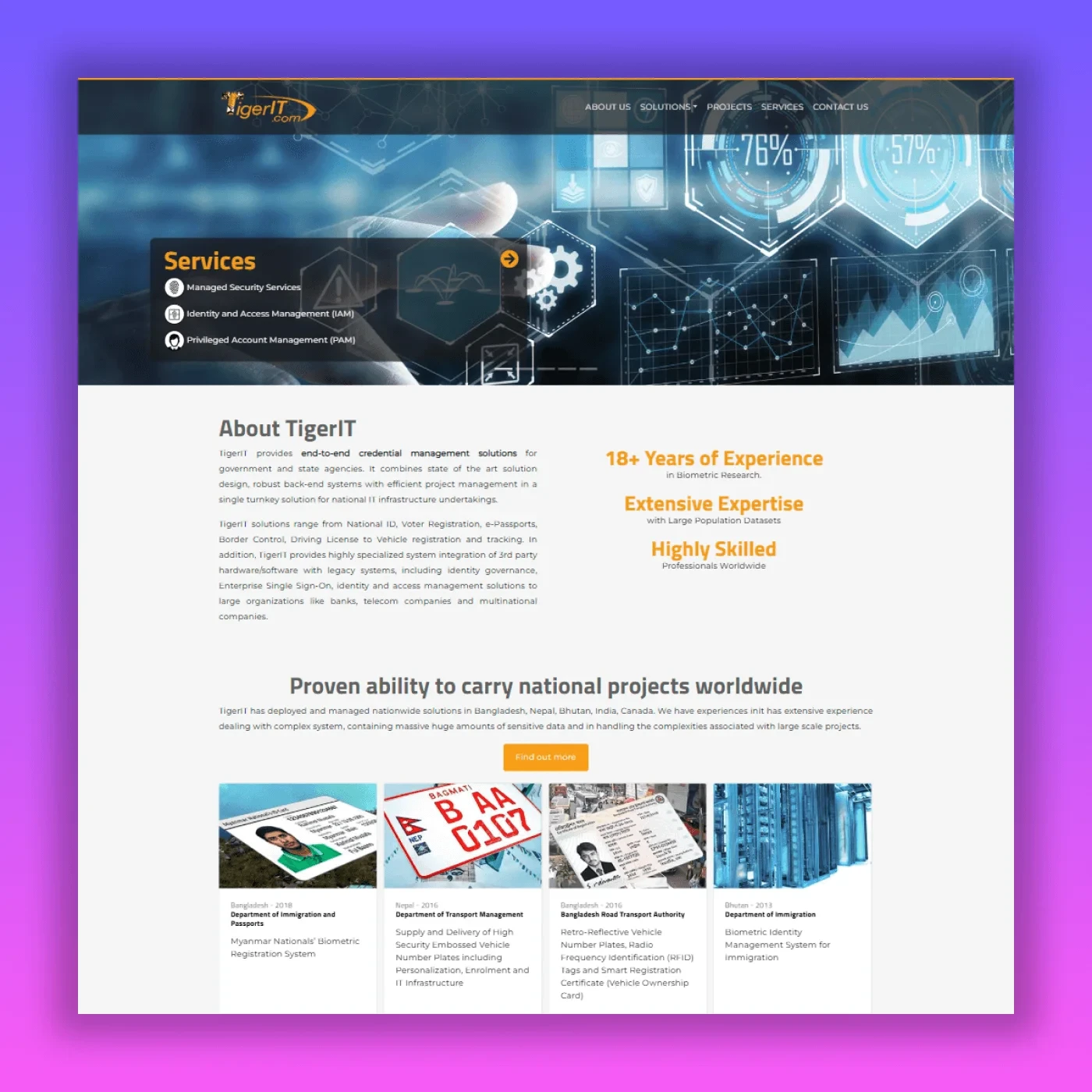 TigerIT Bangladesh homepage displaying ERP solutions and custom software development services with 18 years experience