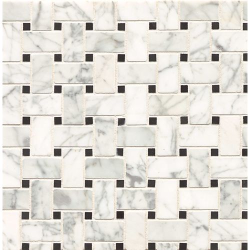 Mod Rocks 1" x 2" Basketweave Honed Marble Mosaic in White Carrara with Ebony Dot