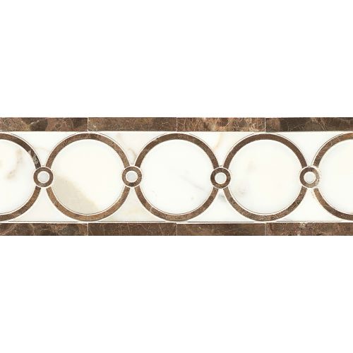Vanity 4" x 12" Circle Honed Marble Waterjet Border in Calacatta Gold & Espresso