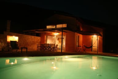 Outdoor swimming pool at night