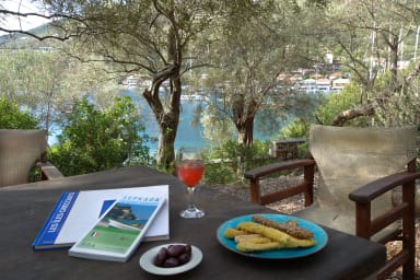 Table setting among olive grows with access to the sea