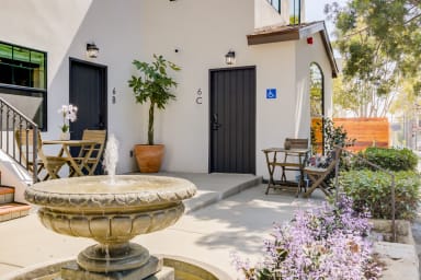 a patio with bistro set complete