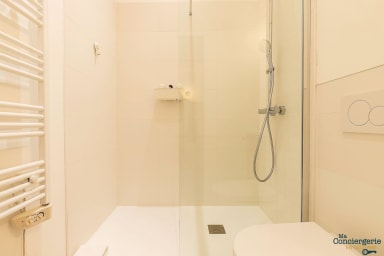 Salle d'eau attenante avec toilette, fer à repasser et sèche-cheveux