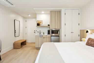 King-size bed, sleeps 2 and Kitchenette with Nespresso and Mini Fridge