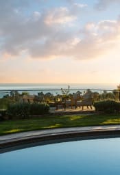 Resort-style circular pool as the centerpiece of the backyard