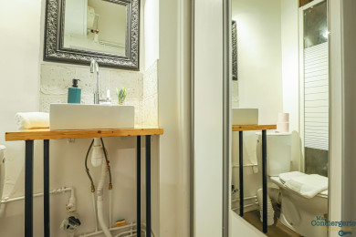 salle d'eau avec douche, WC, sèche-cheveux, fer à repasser
