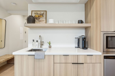 Modern kitchenette, fridge, microwave, sink, Nespresso,shelving for glassware