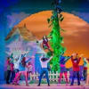 Kat B as The Snowman (far left) Debbie Kurup as Jack (centre) Clive Rowe as Dame Trott (far right) and the company