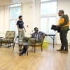 Matt Henry (Sam Cooke), Conor Glean (Cassius Clay), Miles Yekinni (Jim Brown) and Christopher Colquhoun (Malcolm X) in rehearsal for One Night in Miami…