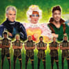 Tristan Gemmill (the Sheriff of Nottingham), Matthew Kelly (Dame Tilly Tuck), Matt Terry (Robin Hood), Jodie Prenger (the Spirit of Sherwood) and (front) Flawless (the Merry Men)